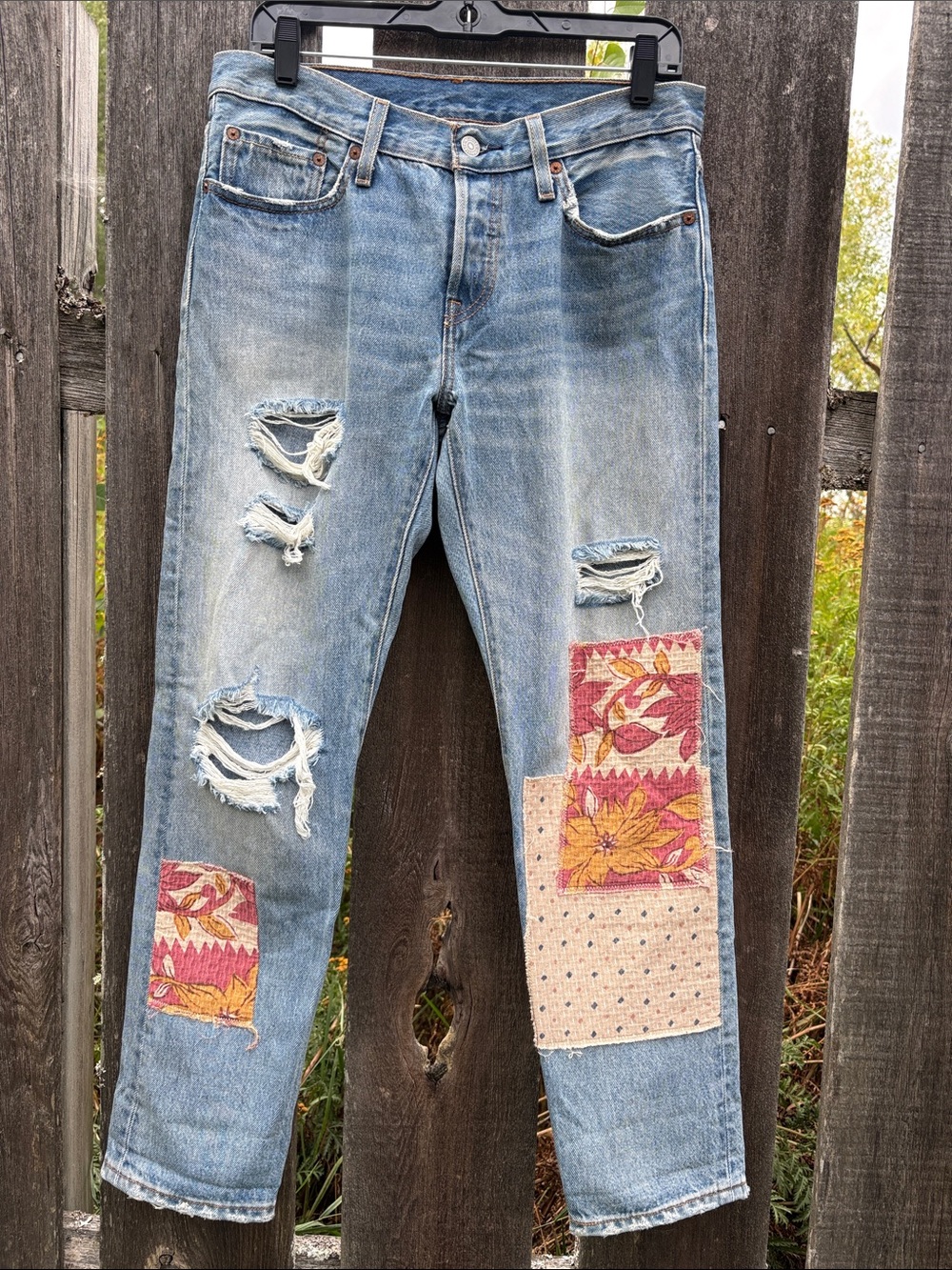 Women's Levi’s501CT customized and tapered Distressed Light Blue Patchwork Jeans